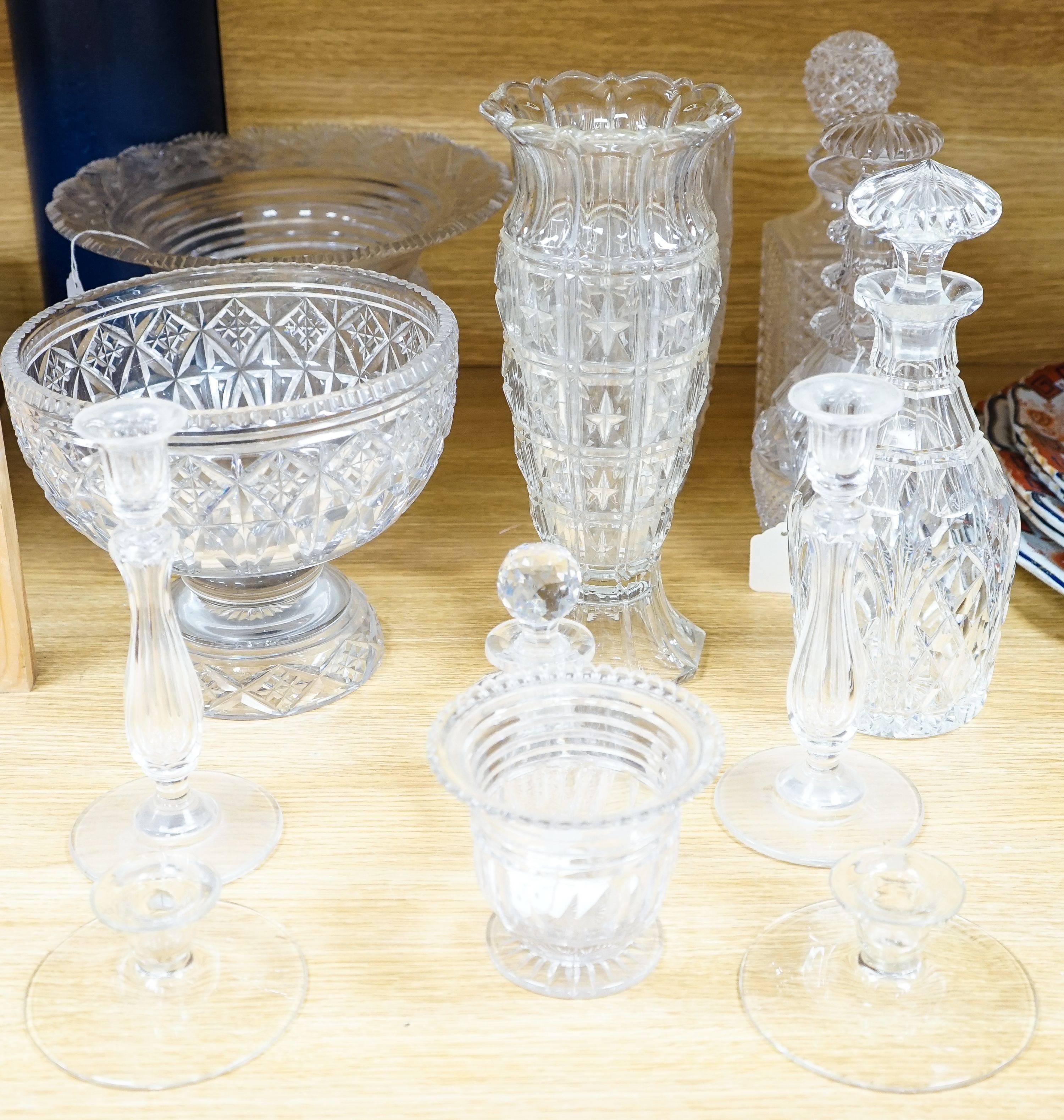 A cut crystal circular pedestal bowl, another similar bowl and sundry glassware